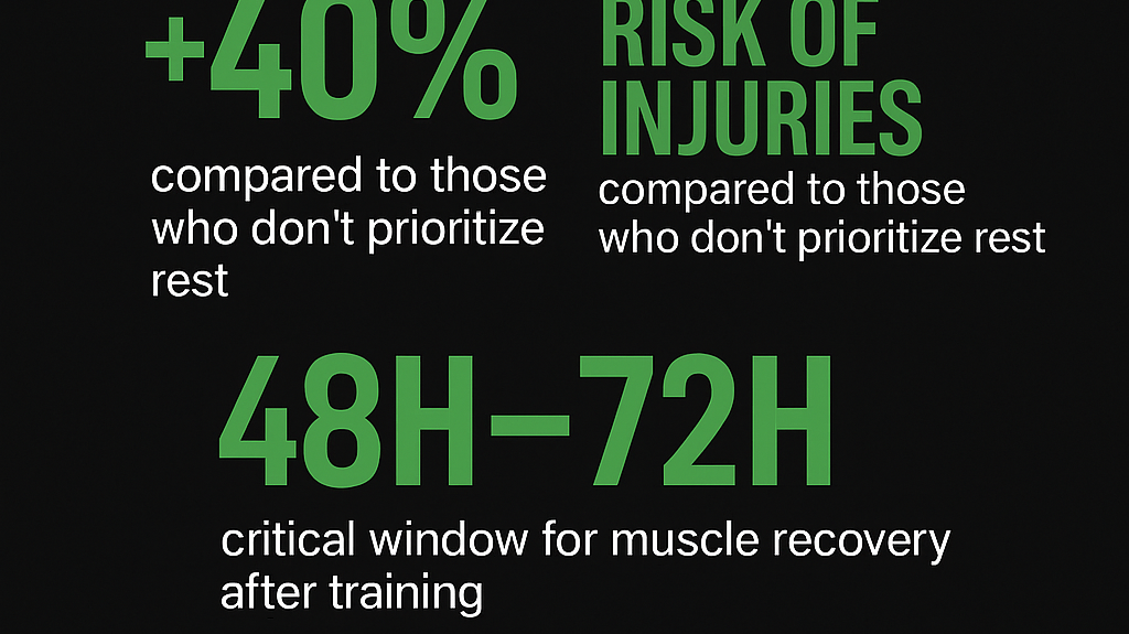 Infographic showing the importance of recovery for muscle growth. Recovery boosts performance by 30%, reduces injury risk by 40%, and increases muscle gains by 25% compared to training alone.