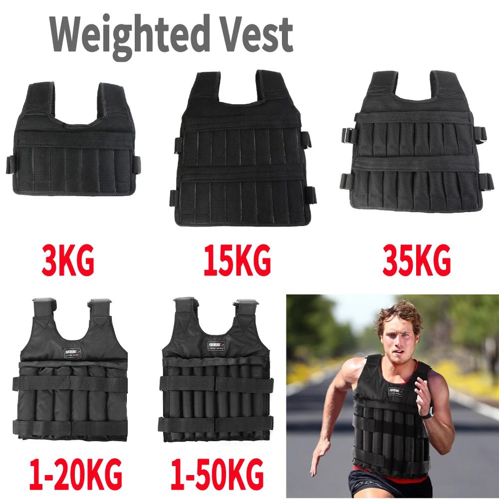 Black adjustable weighted vest shown in 3kg, 15kg and 35kg configurations for progressive resistance training.