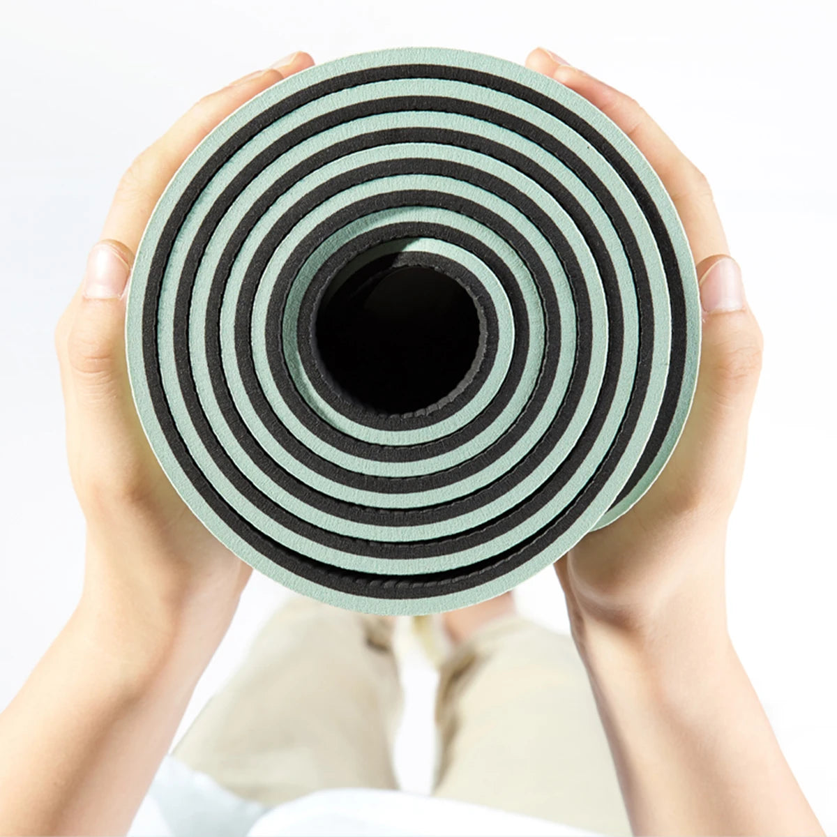 Beige non slip yoga mat with alignment guide lines for posture training