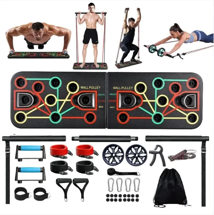Portable home gym equipment set including push up board resistance bands and accessories