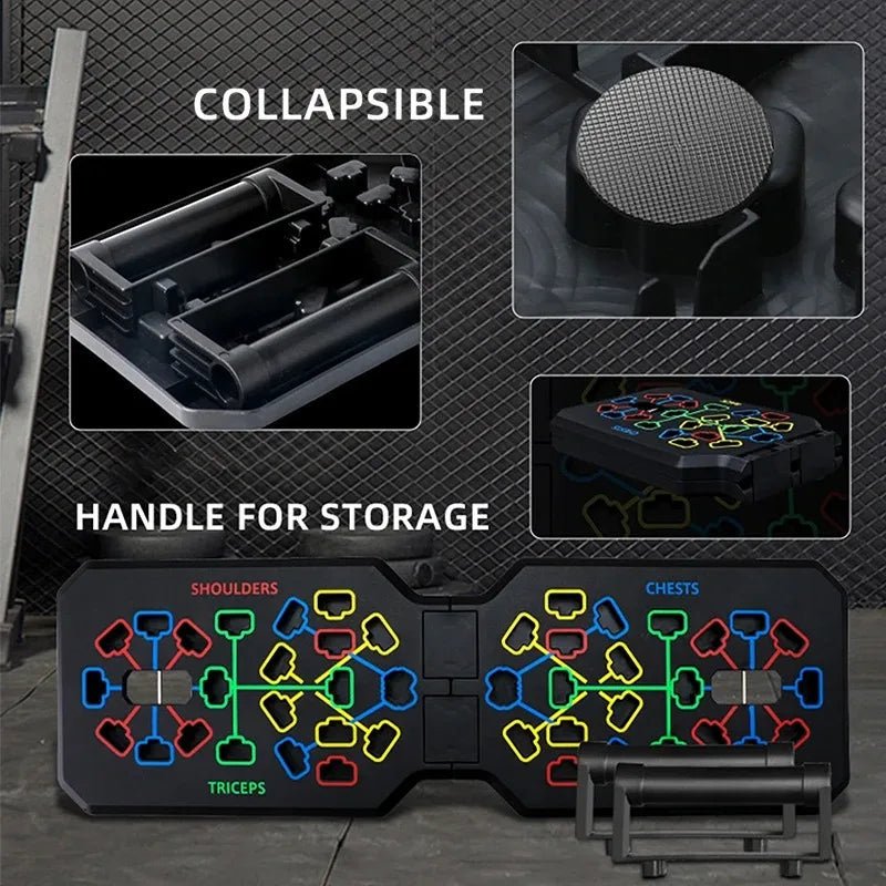 Collapsible push-up board folded for compact storage and travel fitness use