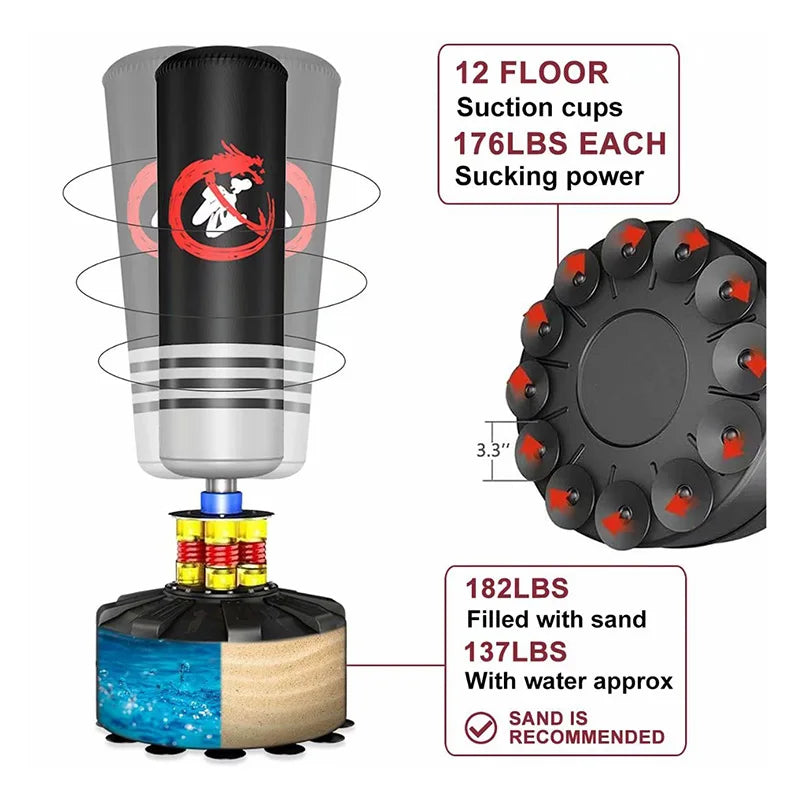 Free standing punching bag base designed for stability on indoor floors