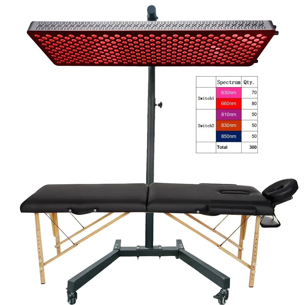 Full body red and near infrared light therapy panel mounted on adjustable stand for recovery and wellness use