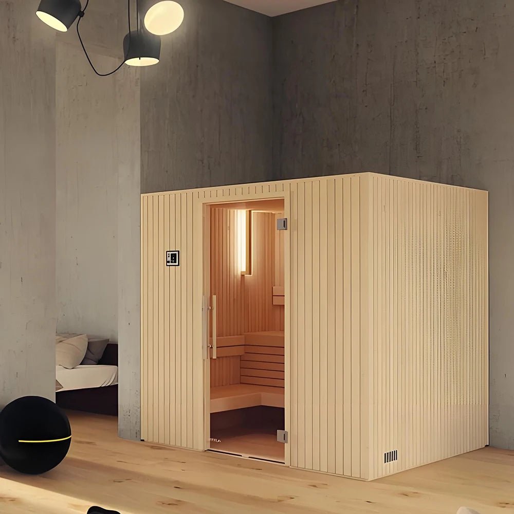 Close-up of hemlock wood wall panels used in premium indoor sauna cabin construction.