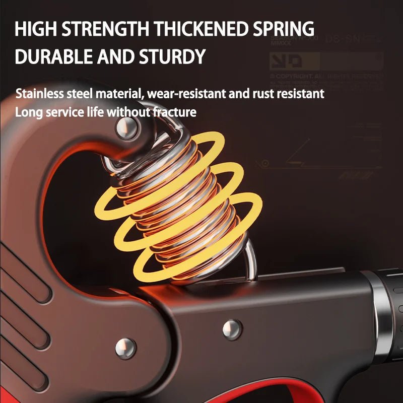 Internal high-carbon steel spring mechanism inside adjustable grip strengthener for durable tension.