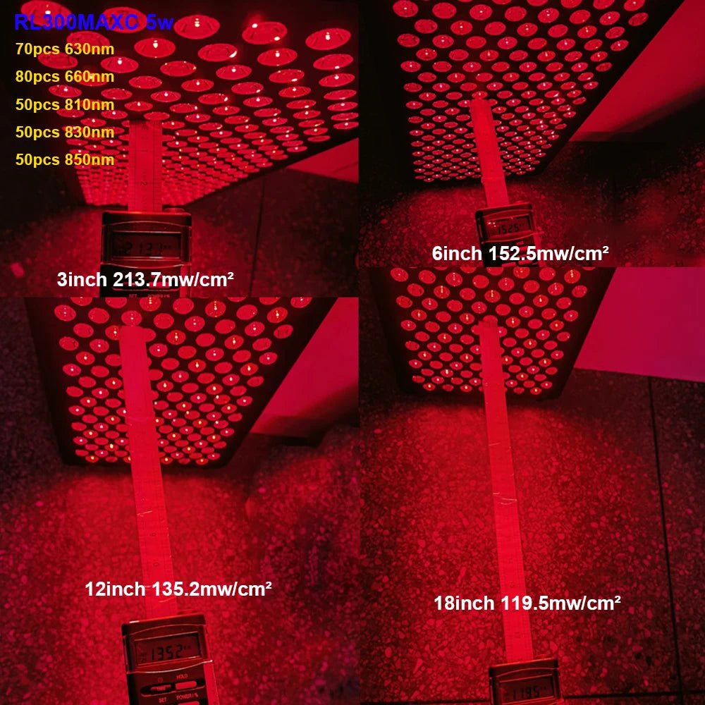 Close up view of red and near infrared LED array showing even light distribution across panel surface