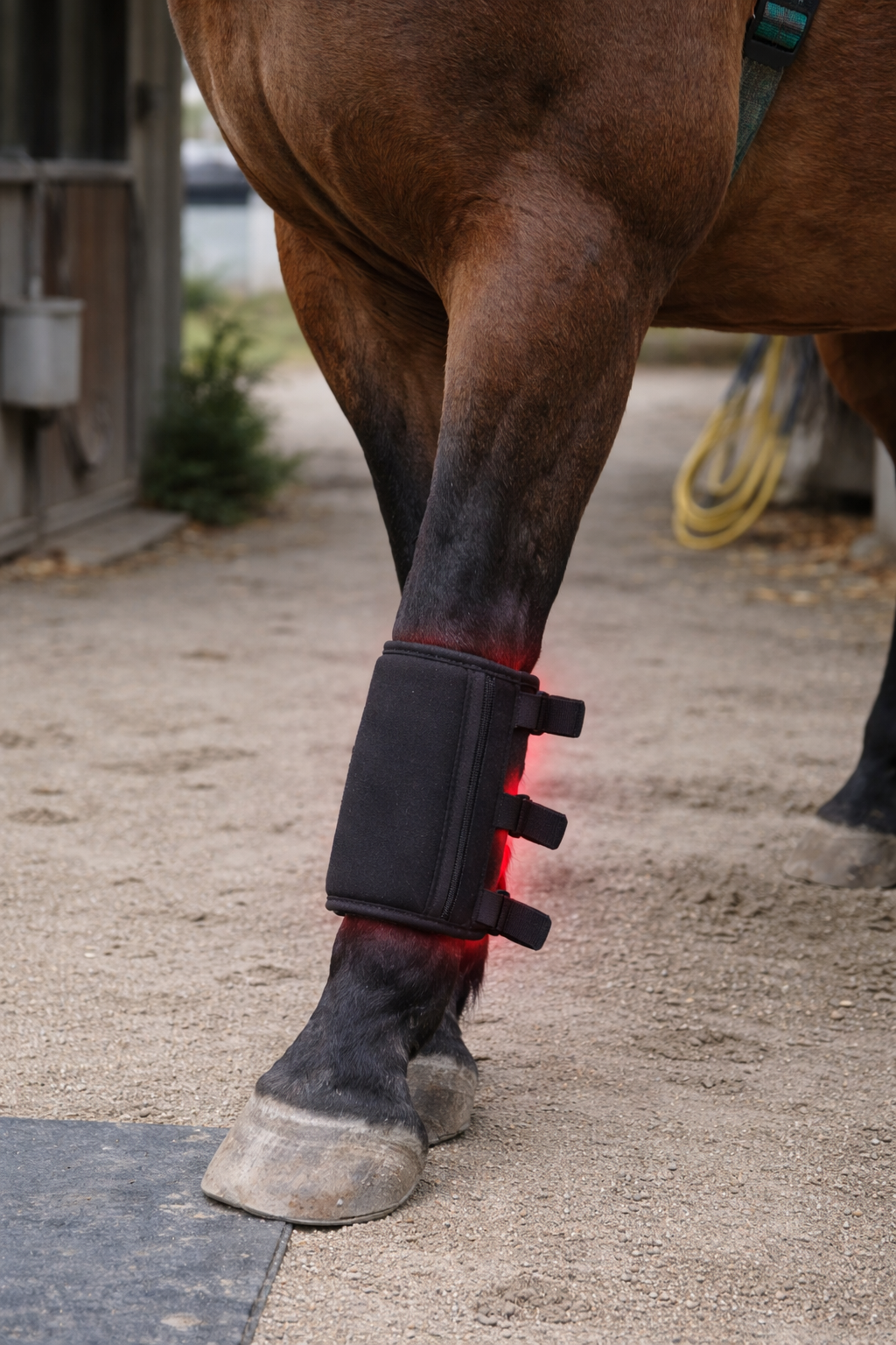 Infrared red light therapy pad on horse leg for joint and tendon support