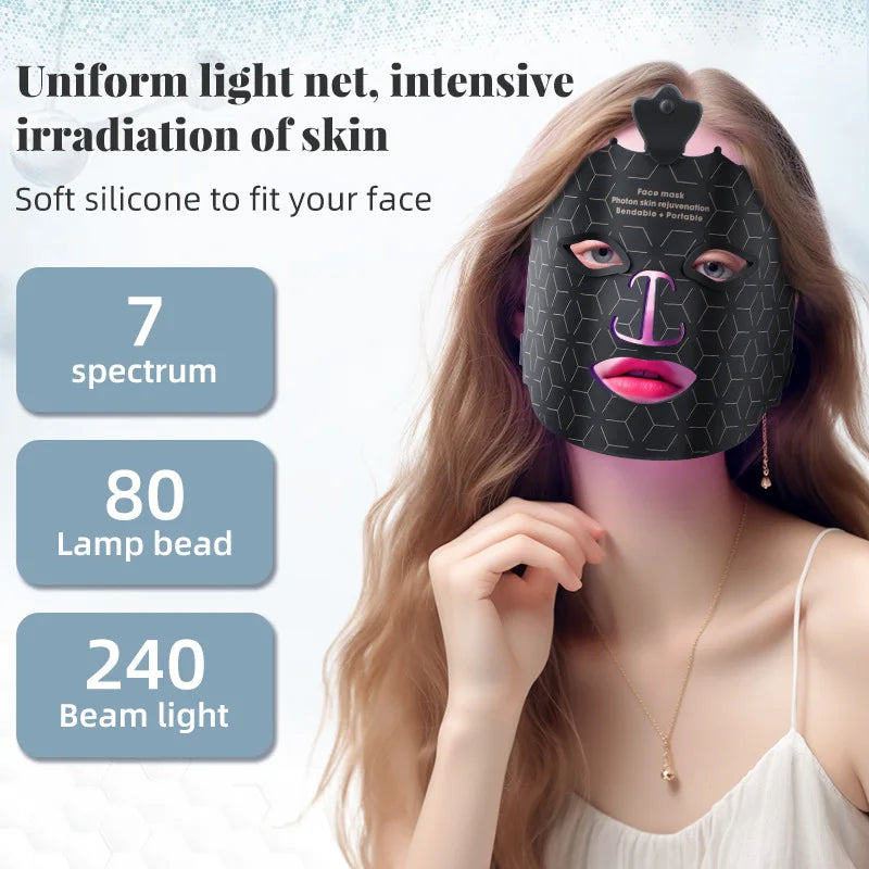 Person wearing 7-color LED facial mask during light therapy skincare routine