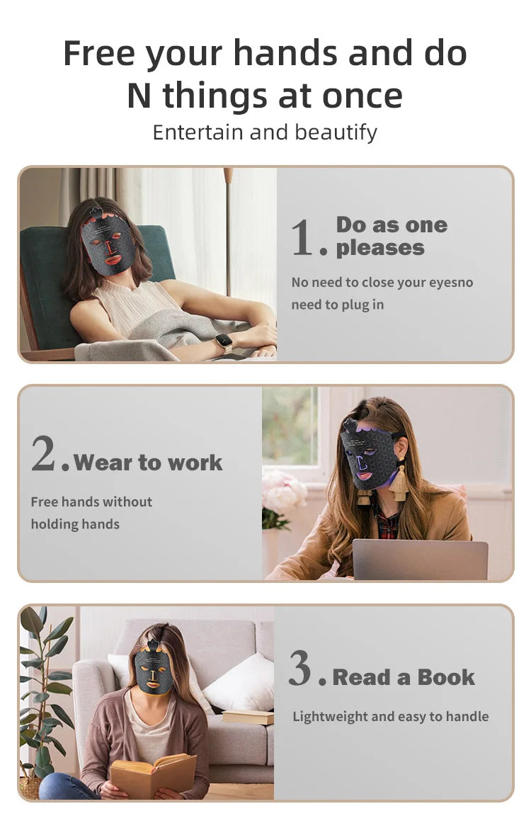 Technical specification overview of 7-color LED facial mask including materials and power