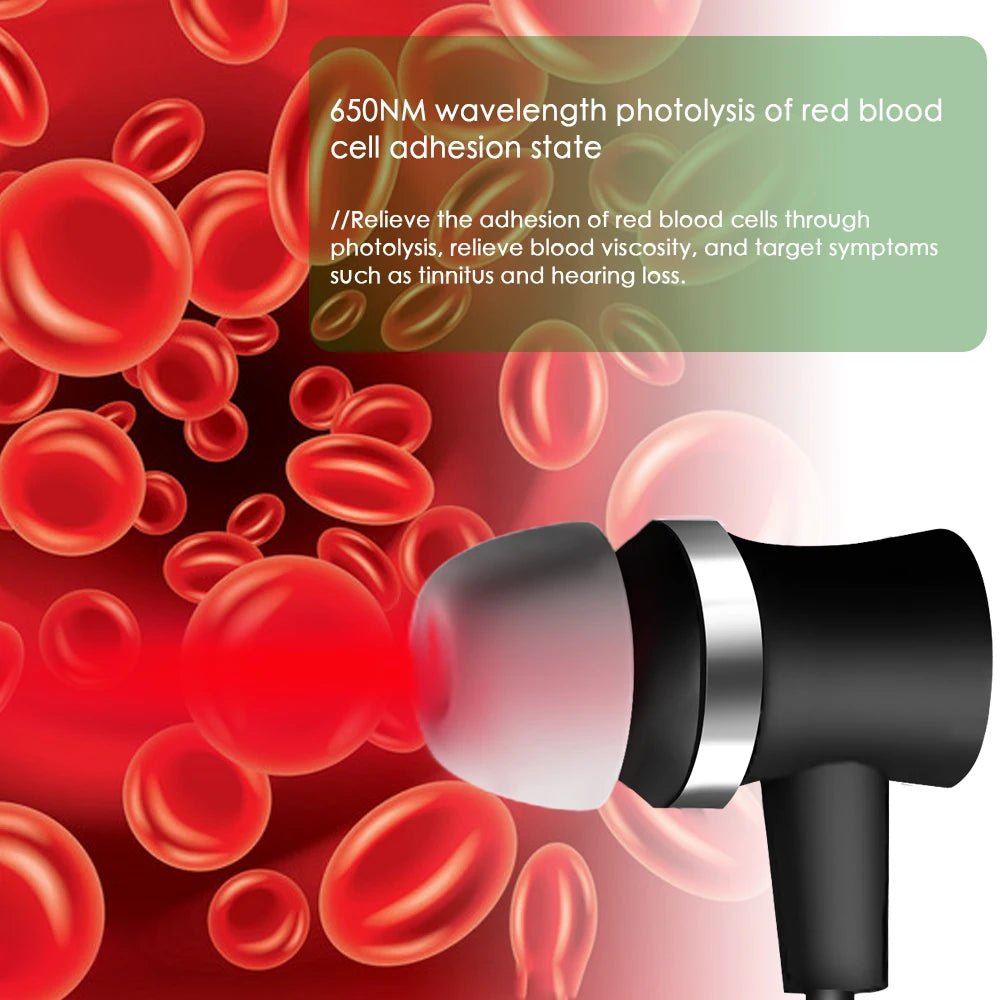 Red light ear therapy device delivering 650nm low-level laser into ear canal