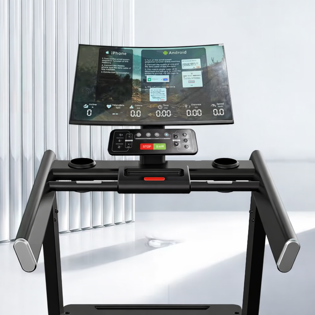 Close-up of treadmill control panel with speed settings, start buttons and performance display.