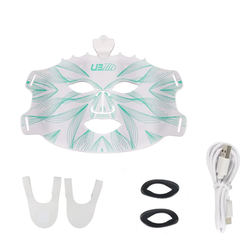 Rechargeable 7-color LED facial mask showing battery and USB charging system