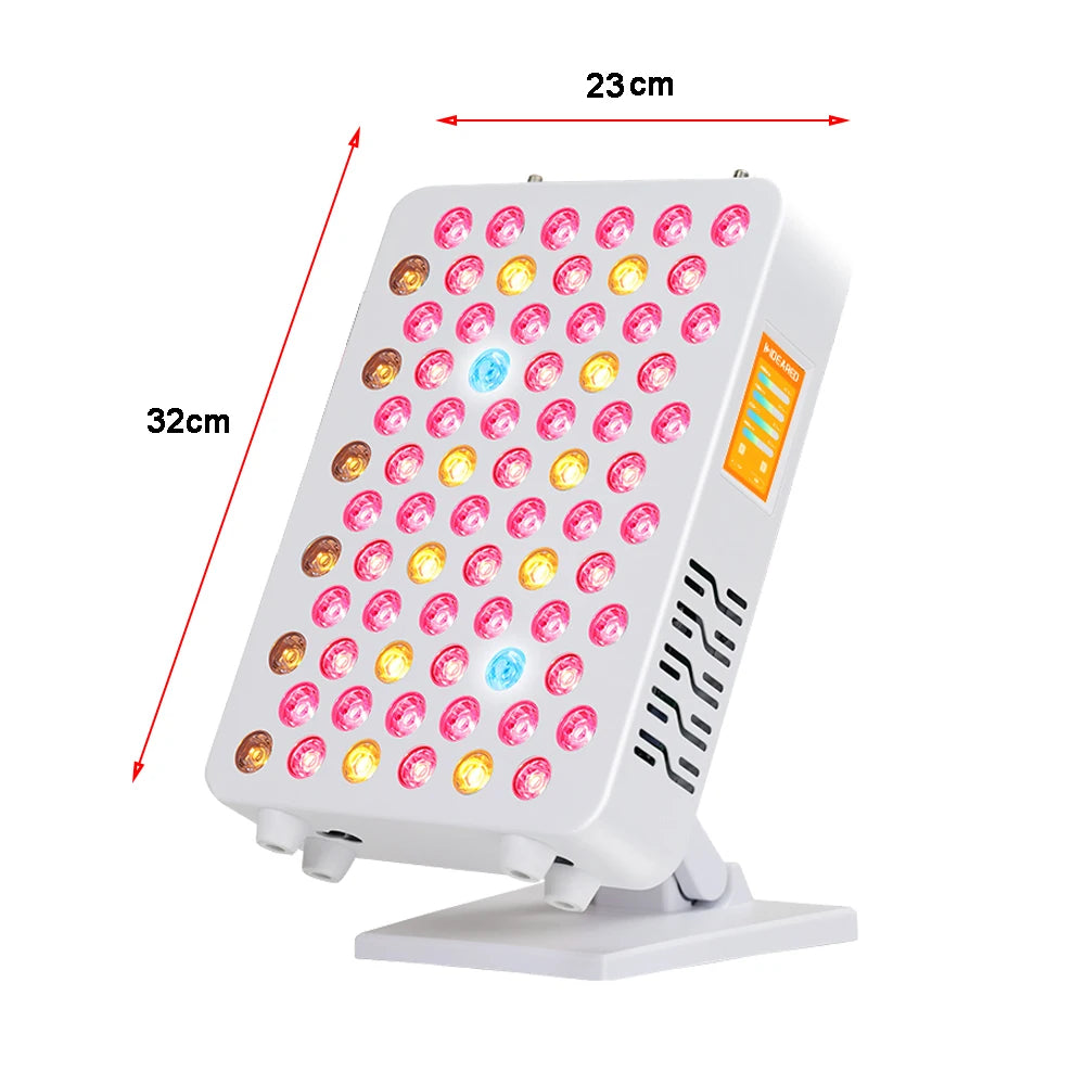 Close up of full spectrum red light therapy panel LEDs during active session
