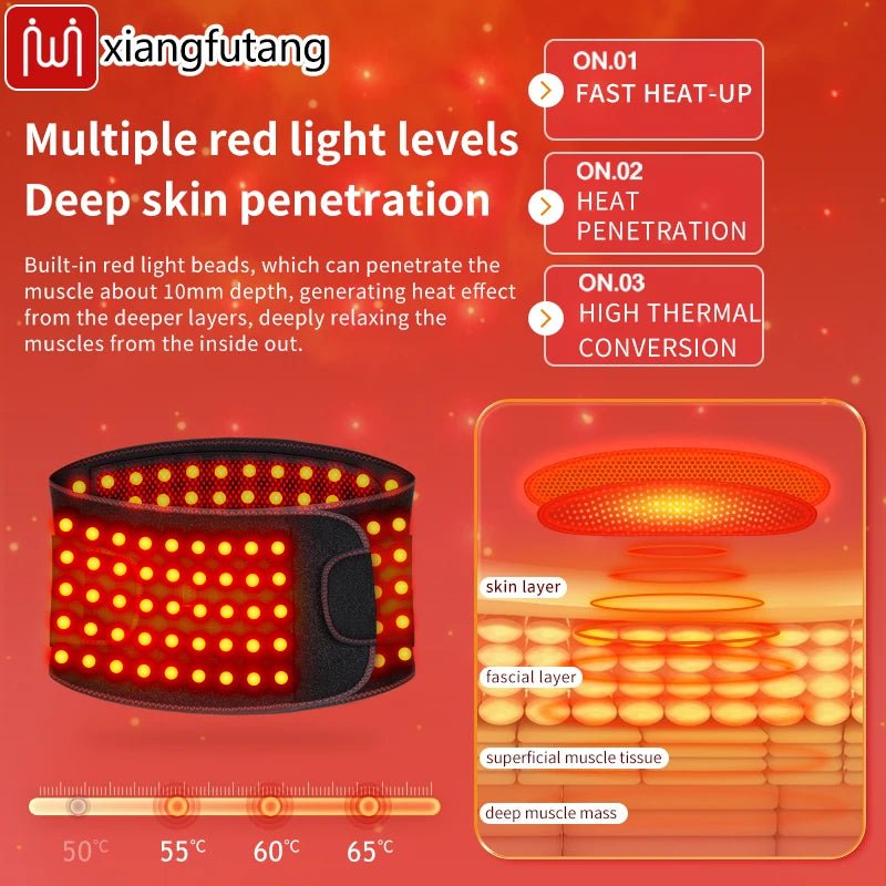 Red light therapy belt combining controlled heat and red light support for lower back comfort