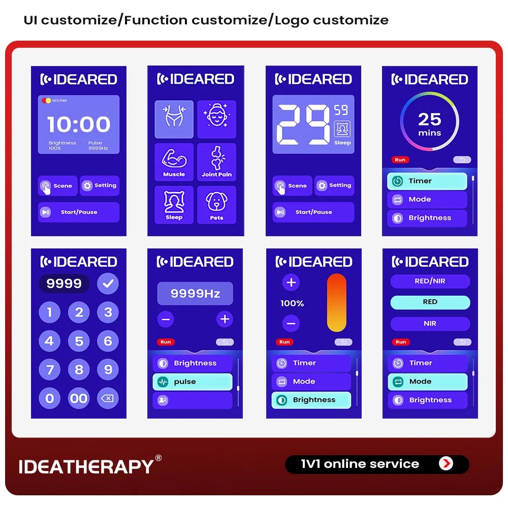 Display showing wavelength selection and pulse frequency options for red and near infrared light therapy panel