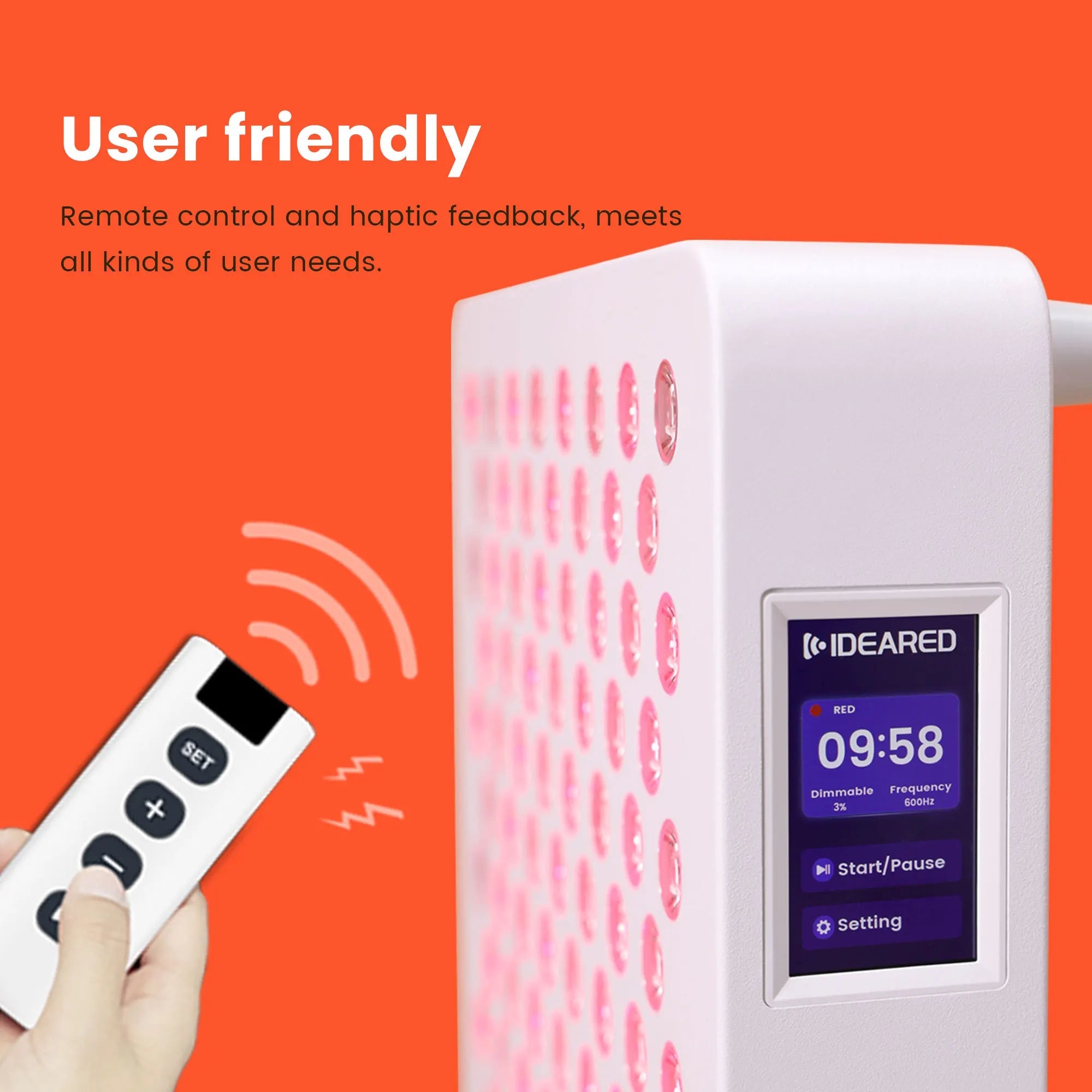 Red and infrared light therapy panel featuring digital control interface for session time and intensity adjustment