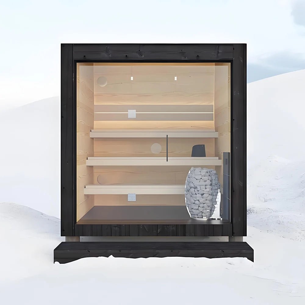 Indoor sauna cabin configured with steam generator system for hybrid heat sessions.