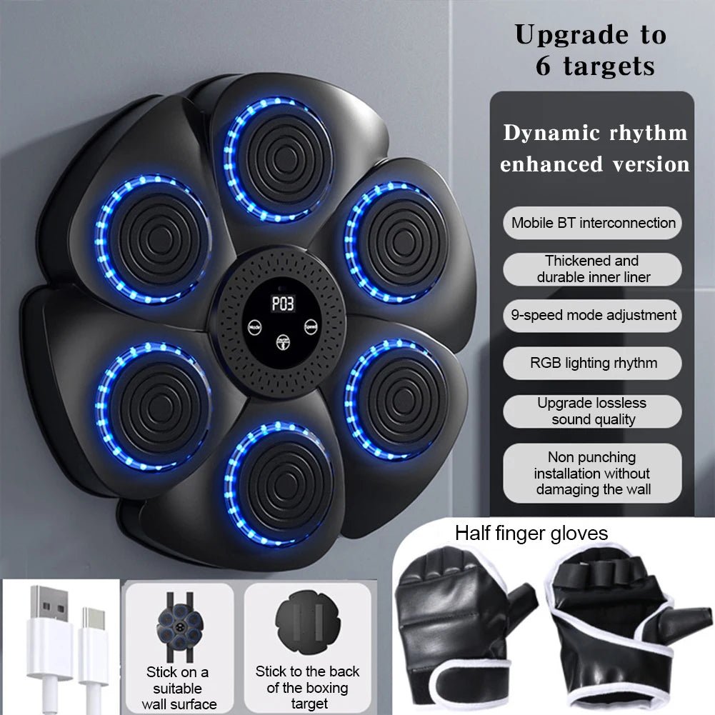 Wall-mounted boxing reaction target with blue RGB LED pads for punch accuracy training.
