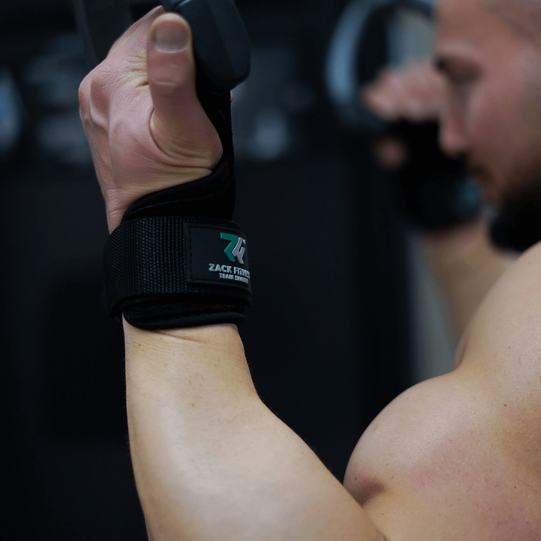Wrist straps supporting grip during barbell row exercise for back training and strength progression