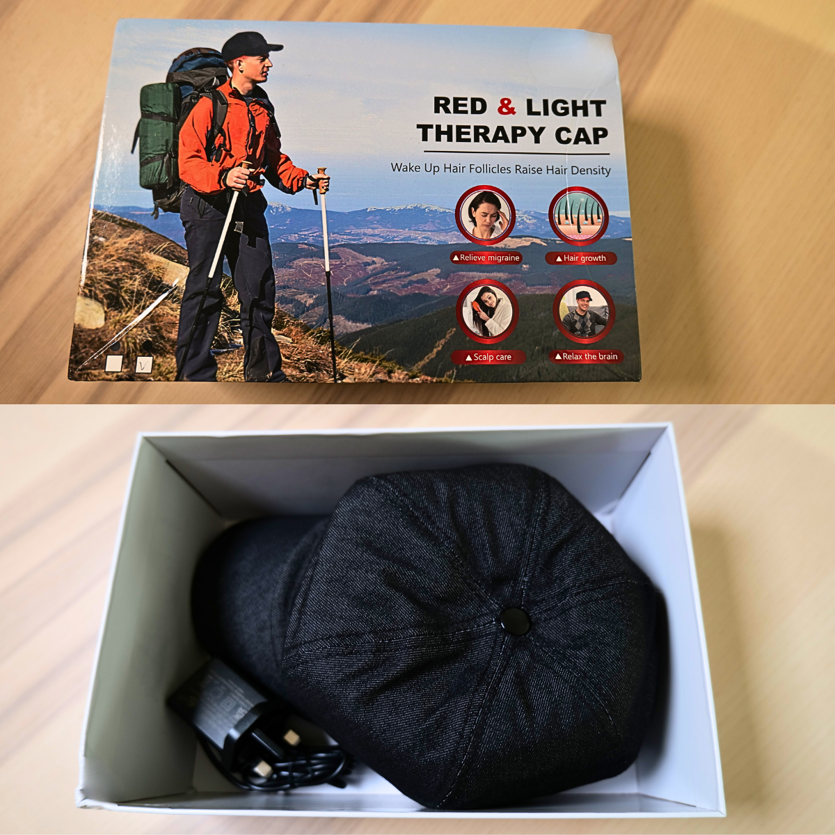 Red light therapy cap package contents including cap, accessories and user manual