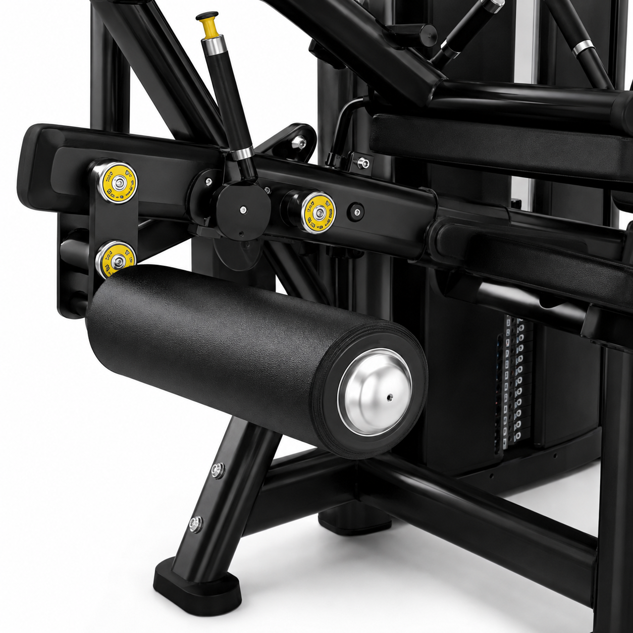 Close-up of adjustable roller and pivot mechanism on CBL43 leg extension and seated leg curl machine