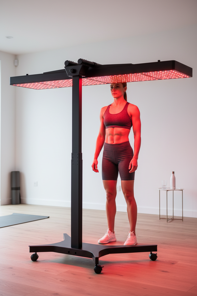 Person using red light therapy panel for full body treatment