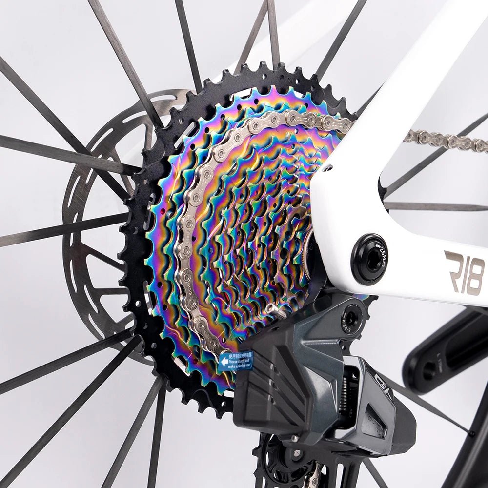 Wireless rear derailleur detail on carbon fiber road racing bike with 13 speed system
