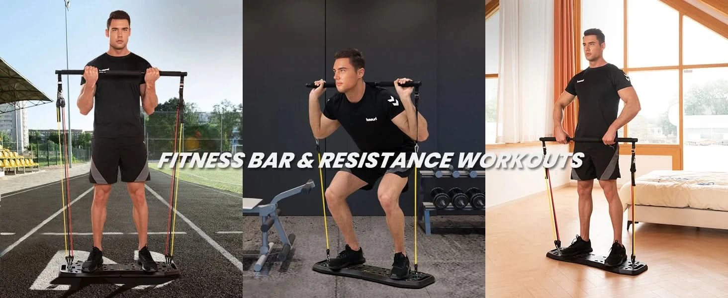 Multiple exercises performed with one portable home gym workout system