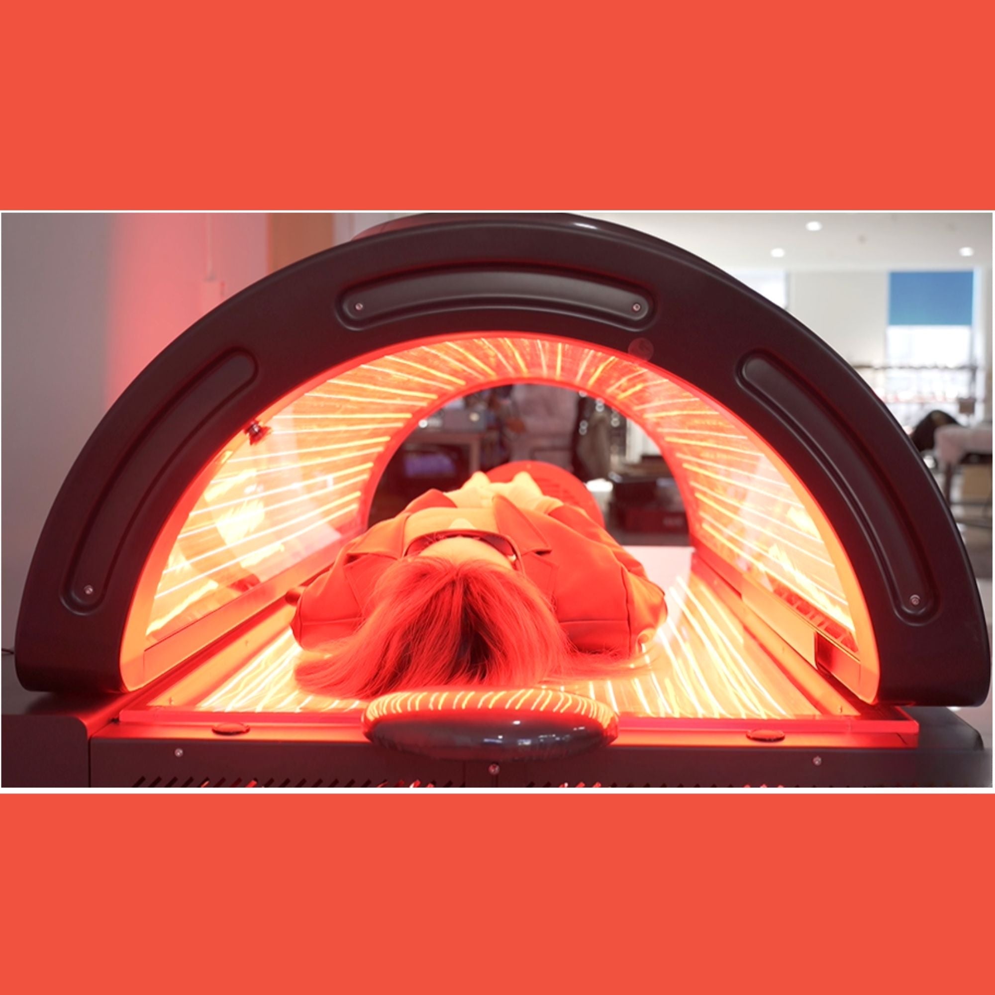 Full body red light therapy bed session for muscle recovery pain relief inflammation reduction and fat burning
