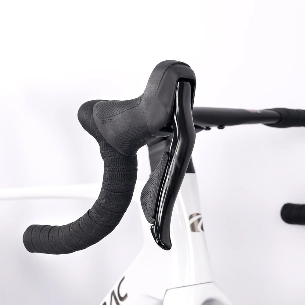 Hydraulic disc brake lever detail on carbon road bike with wireless shifting system