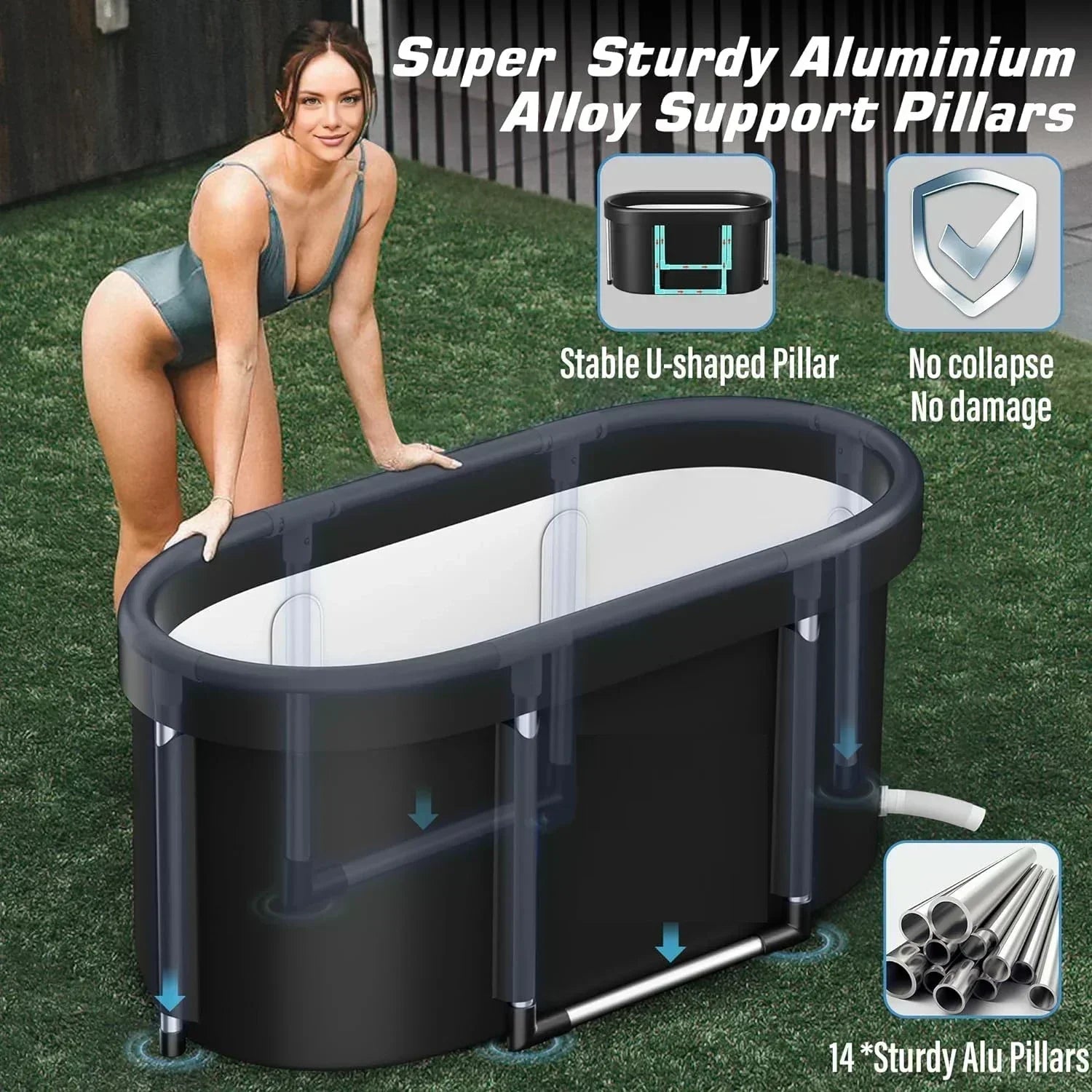 Ice bath tub with reinforced support pillars for full body cold immersion