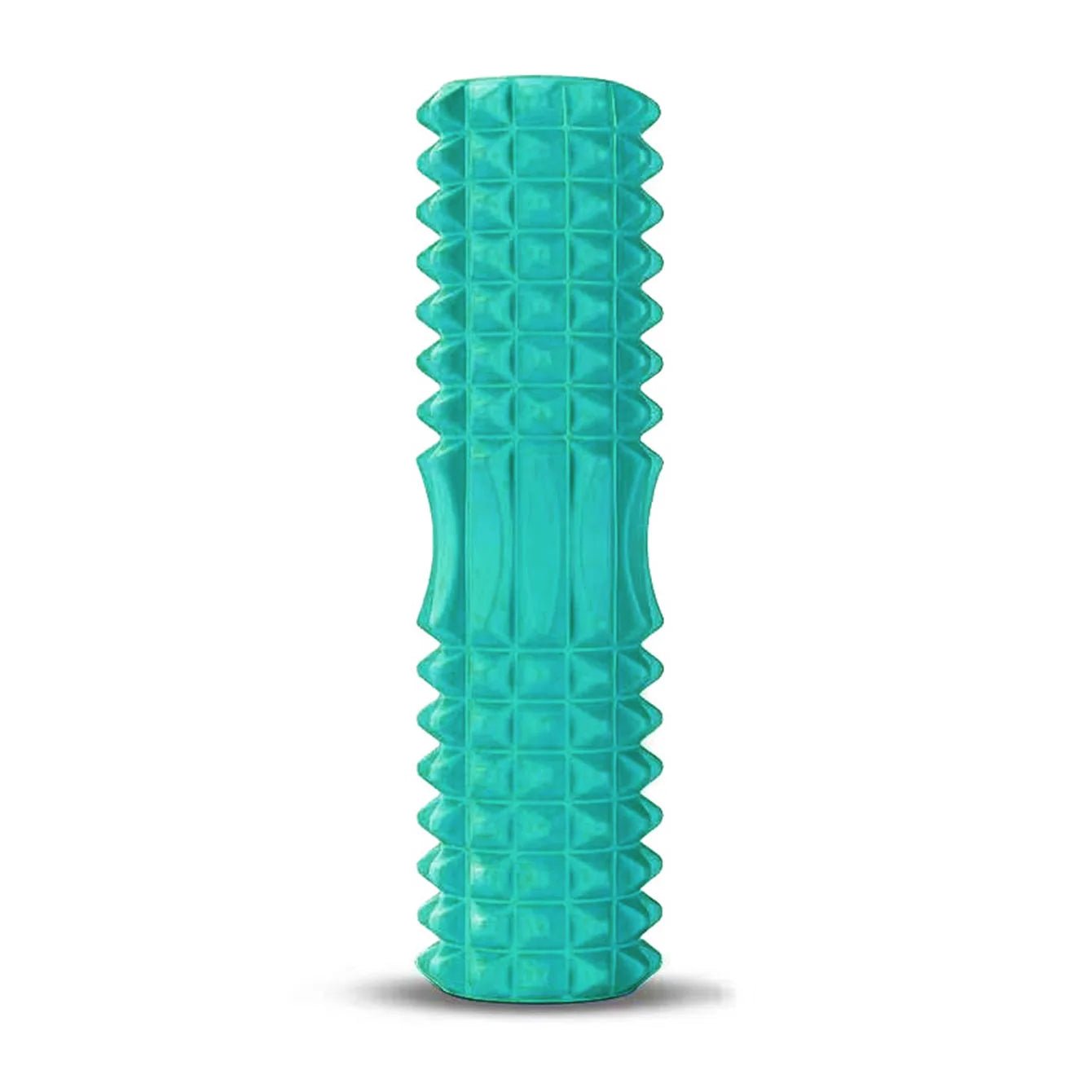 Green foam roller for yoga stretching and mobility exercises