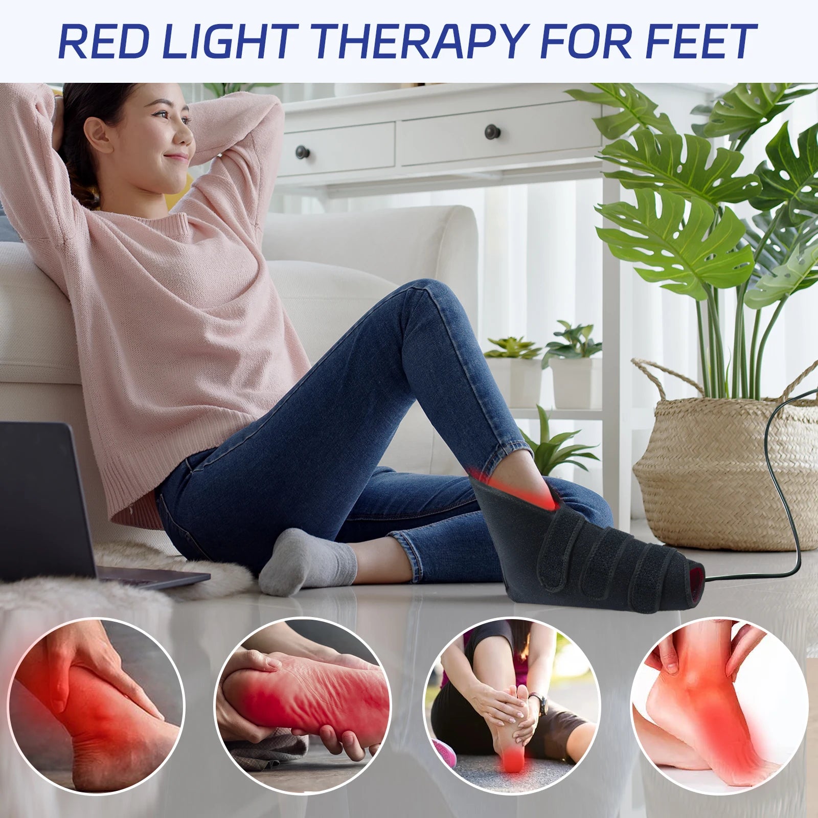 Red light therapy foot wrap showing 660nm red light and 850nm infrared light
