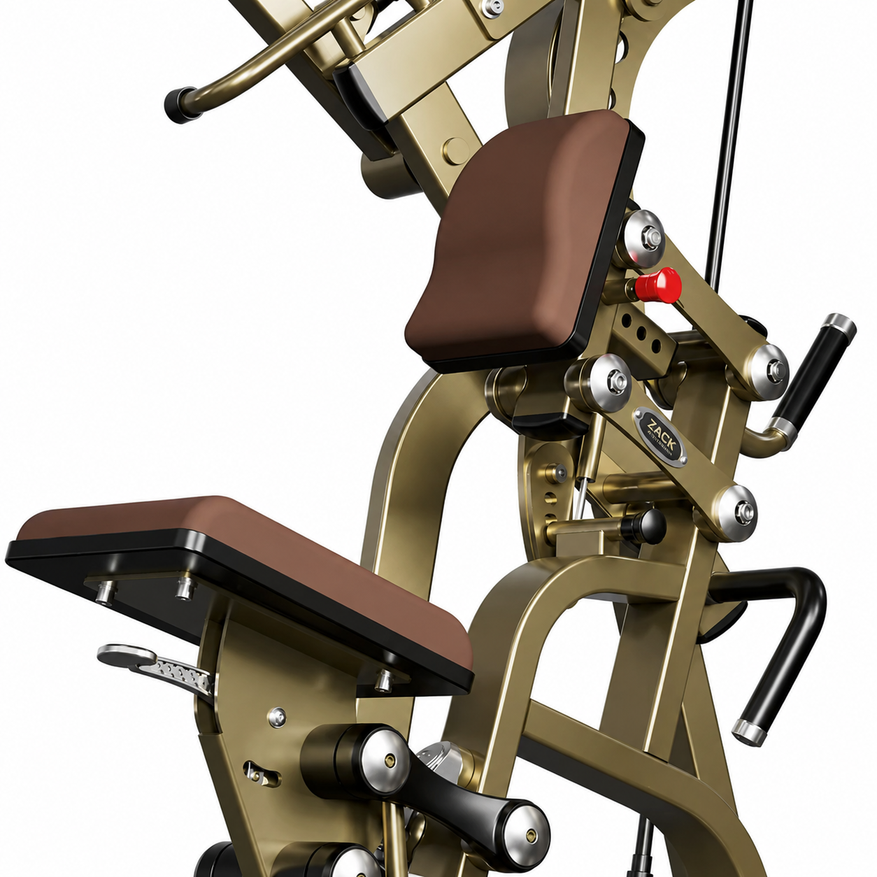 Adjustable seat and chest support on Zack Fitness low row machine