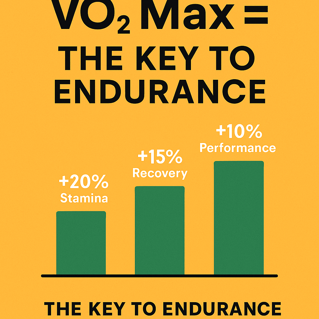Infographic showing VO₂ Max as the key to endurance performance in athletes, highlighting oxygen capacity, stamina, and recovery benefits for runners and cyclists in 2025."