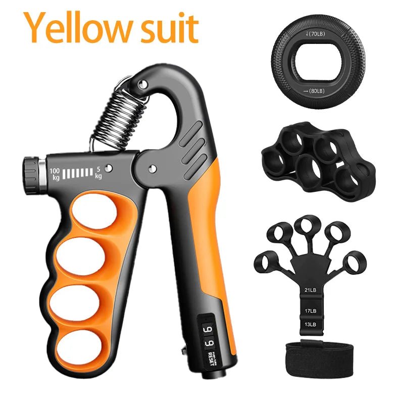 Hand grip strengthener showing integrated mechanical repetition counter near the base of the handle.