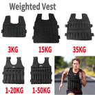 Black adjustable weighted vest shown in 3kg, 15kg and 35kg configurations for progressive resistance training.