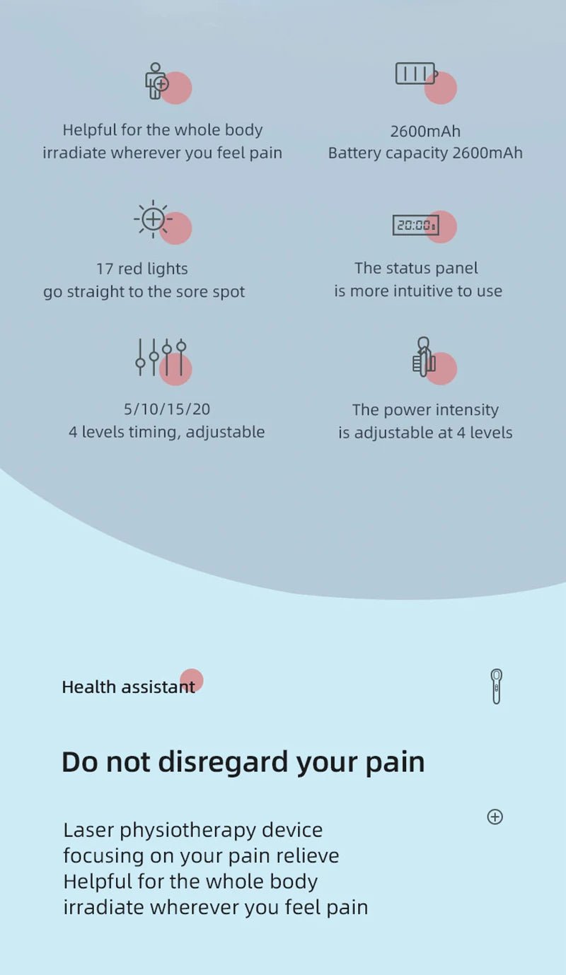 Laser therapy device demonstrating adjustable intensity levels and session timer