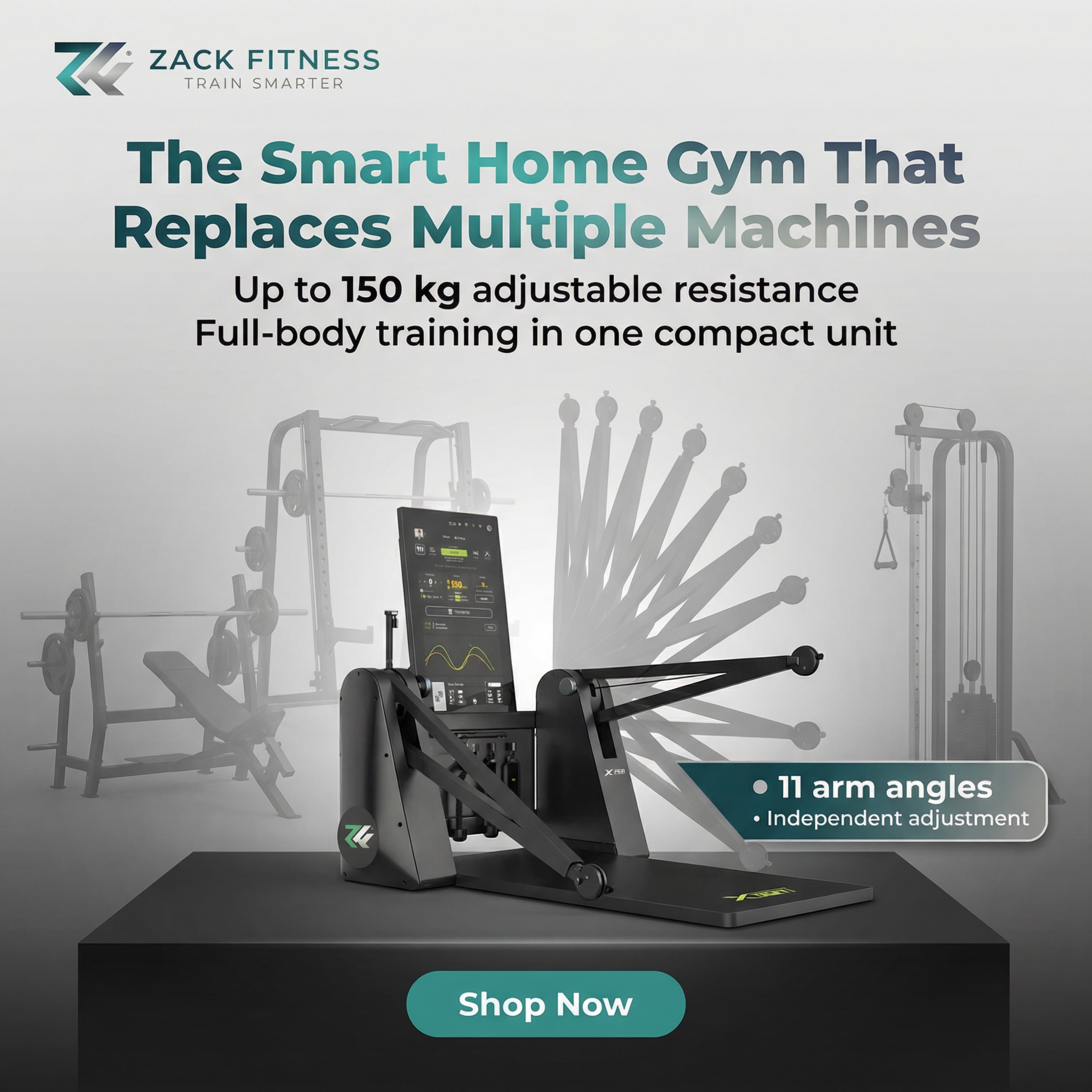 Zack Fitness smart strength training machine with adjustable resistance arms designed for compact home gym workouts