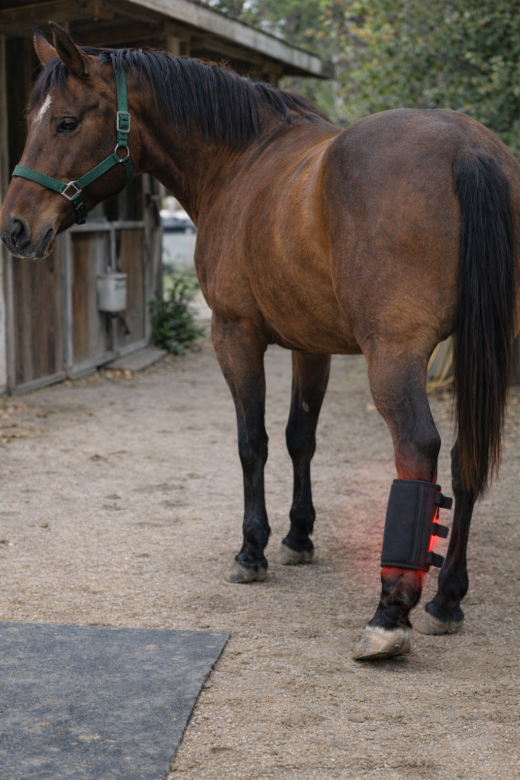 Red light therapy pad for horses used in stable for daily recovery routine