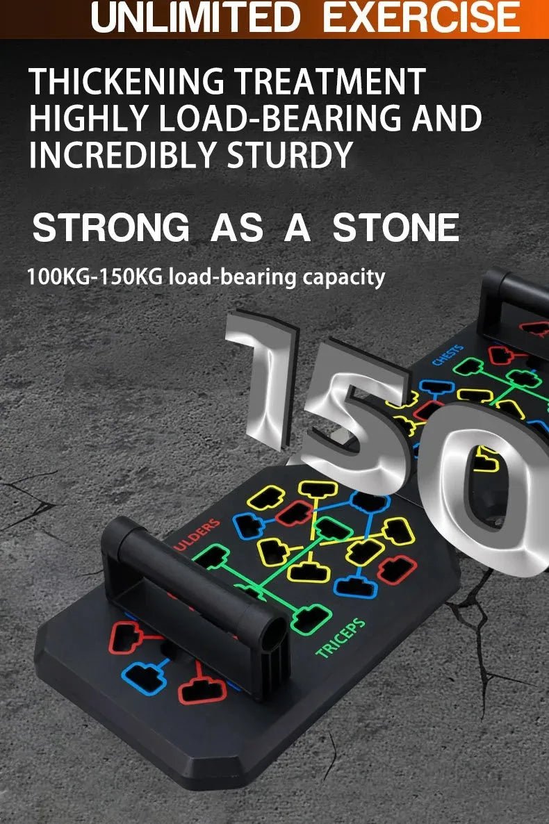 Yellow zone hand placement on push-up board designed for upper back engagement
