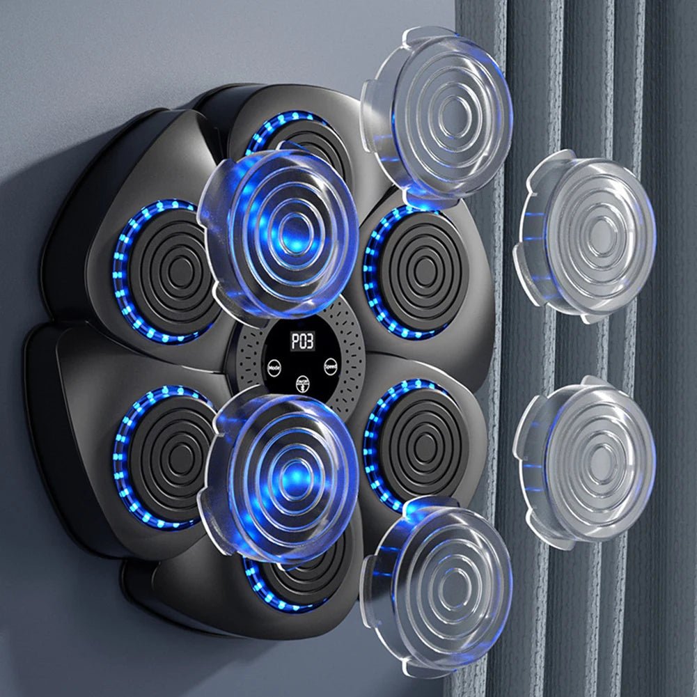 Wall-mounted boxing reflex training device with dynamic light-up strike zones.