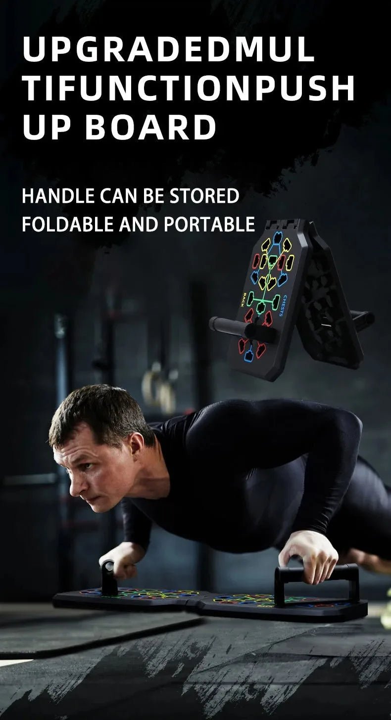 User performing push-ups using chest-target blue zone on multifunction board
