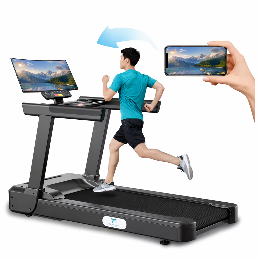Commercial smart treadmill with 3.0HP AC motor shown during running session with wide belt and reinforced frame.