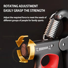 Textured anti-slip ergonomic handle of adjustable hand grip trainer for secure palm grip.