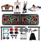 Portable home gym equipment set including push up board resistance bands and accessories
