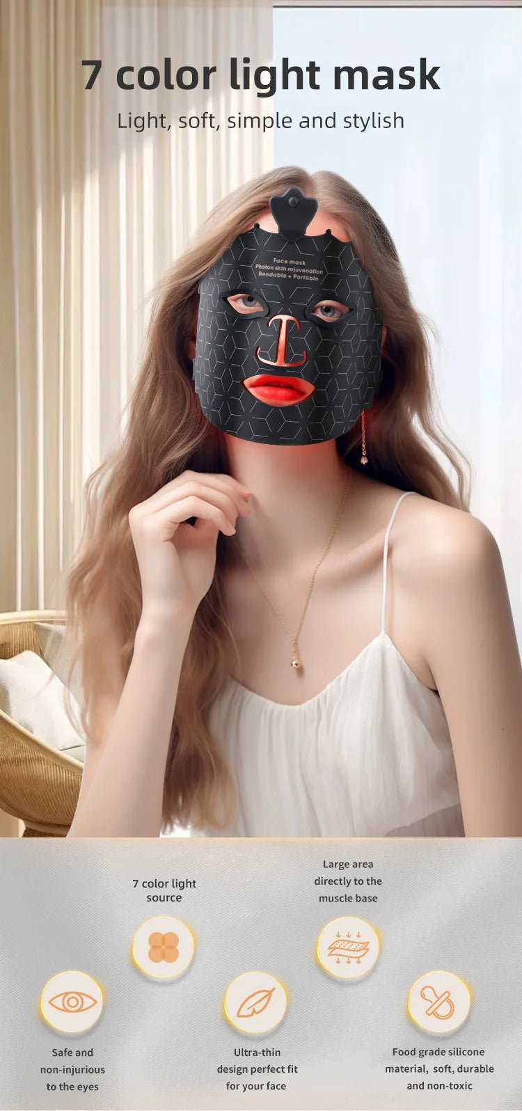 Flexible silicone red light therapy mask designed for comfortable home skincare use