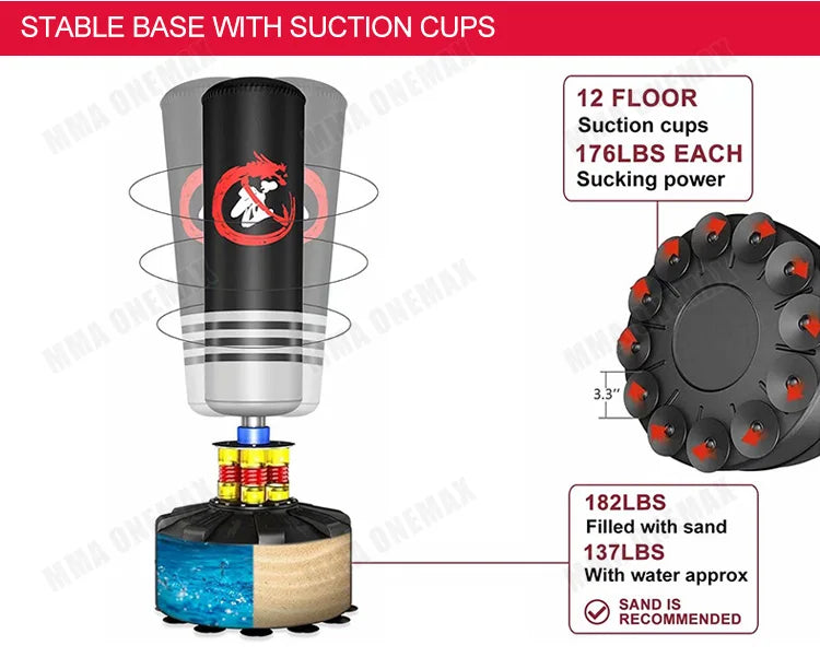 Free standing punching bag with shock absorption to reduce vibration