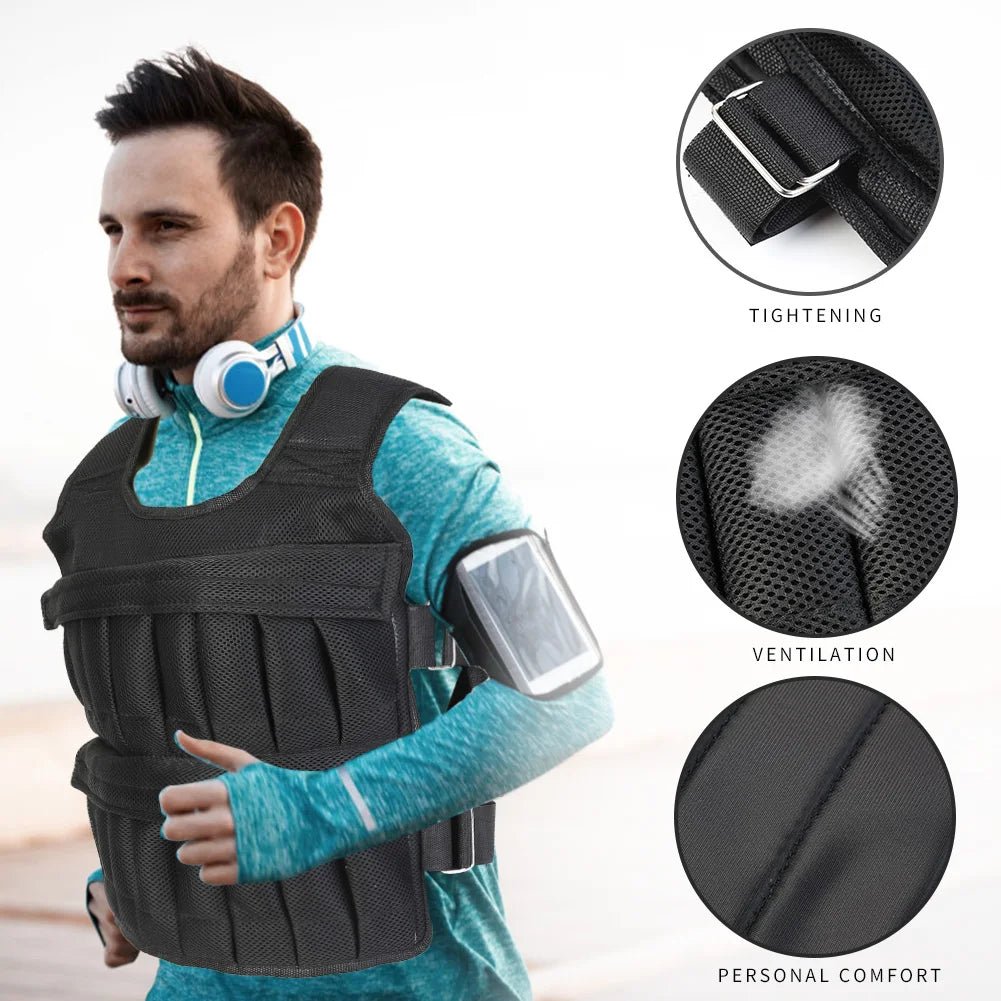 Heavy-duty weighted vest with modular load system supporting adjustable weight up to 50kg.