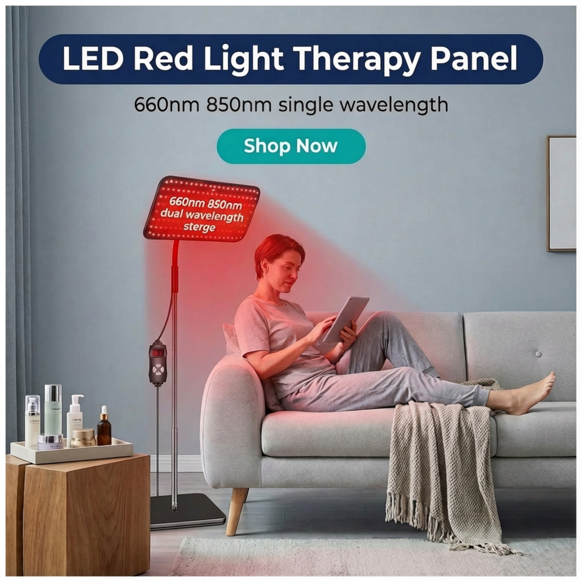 LED red light therapy panel with 660nm and 850nm wavelengths used for muscle recovery skin health and wellness therapy